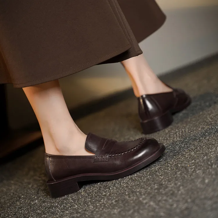 Spring single shoes, round toe, thick sole, chunky heel, slip-on fashion women's shoes, 12-15n