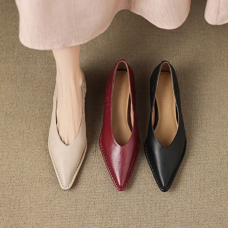 Spring pointed-toe stiletto heel slip-on cowhide fashion shoes for women, sizes 15-17m