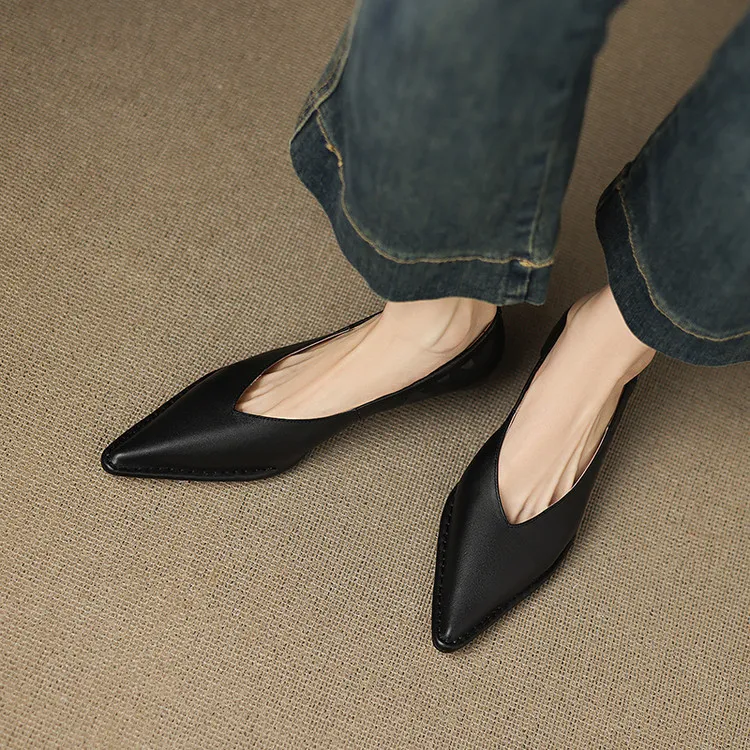 Spring pointed-toe stiletto heel slip-on cowhide fashion shoes for women, sizes 15-17m