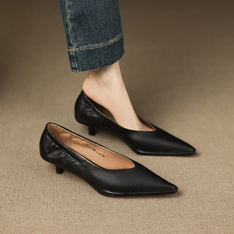Spring pointed-toe stiletto heel slip-on cowhide fashion shoes for women, sizes 15-17m