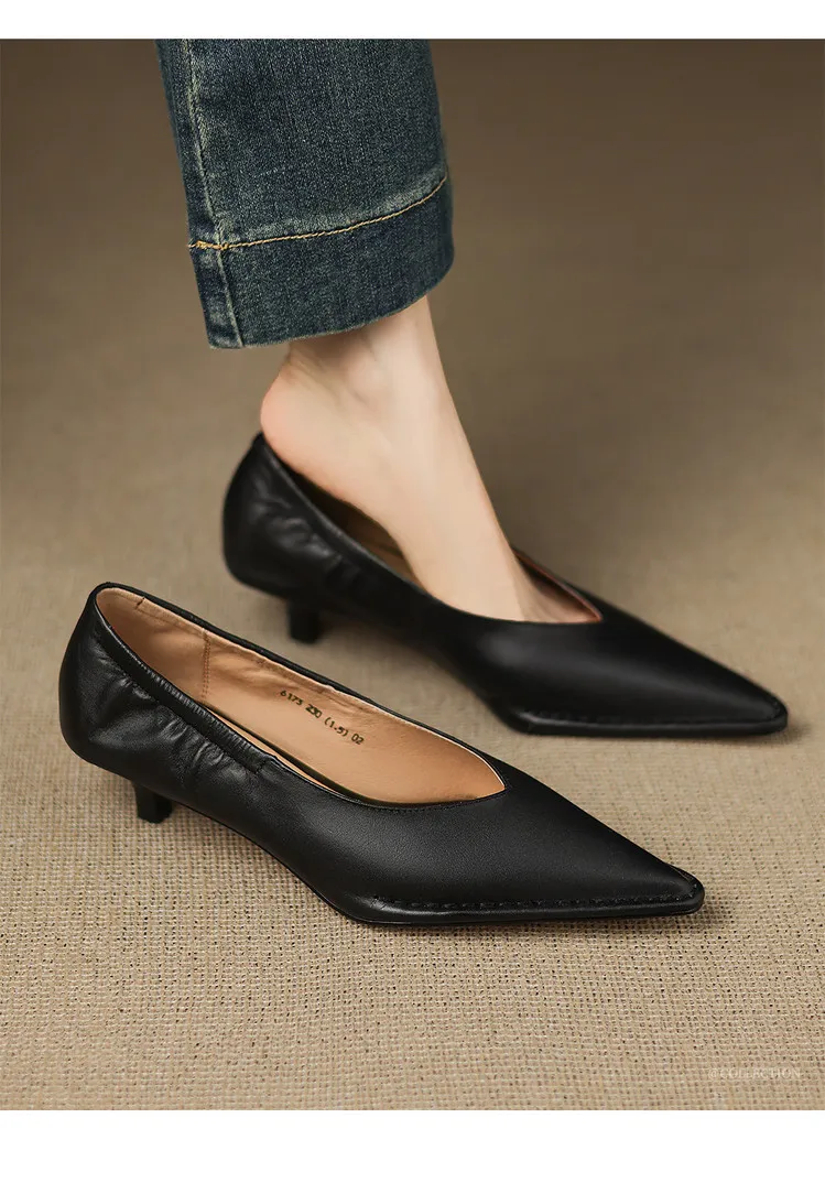 Spring pointed-toe stiletto heel slip-on cowhide fashion shoes for women, sizes 15-17m