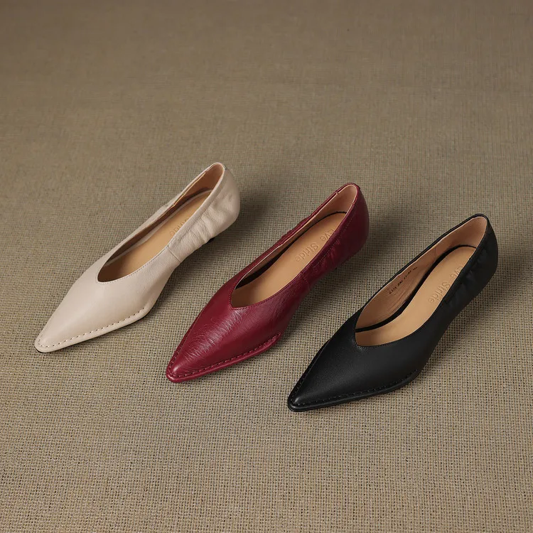 Spring pointed-toe stiletto heel slip-on cowhide fashion shoes for women, sizes 15-17m