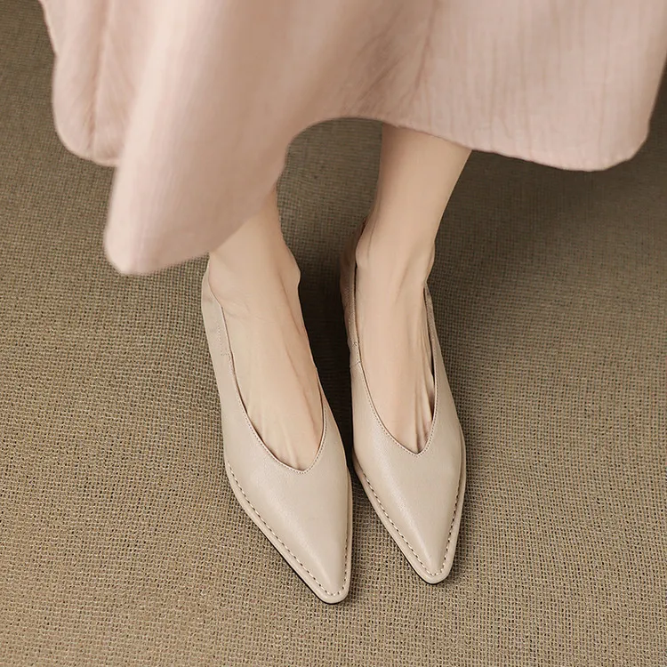 Spring pointed-toe stiletto heel slip-on cowhide fashion shoes for women, sizes 15-17m
