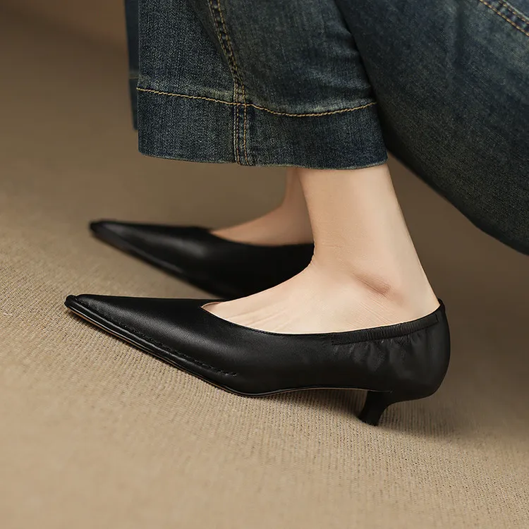 Spring pointed-toe stiletto heel slip-on cowhide fashion shoes for women, sizes 15-17m
