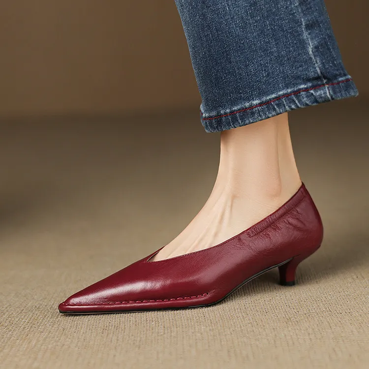 Spring pointed-toe stiletto heel slip-on cowhide fashion shoes for women, sizes 15-17m