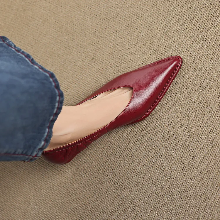 Spring pointed-toe stiletto heel slip-on cowhide fashion shoes for women, sizes 15-17m