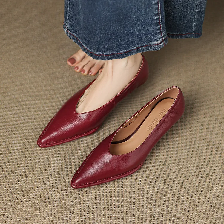 Spring pointed-toe stiletto heel slip-on cowhide fashion shoes for women, sizes 15-17m