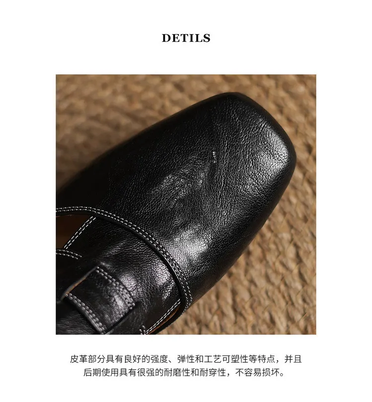 Real shot of closed-toe slippers, hand-scratched sheepskin retro style patchwork chunky heel closed-toe hollowed-out women's shoes