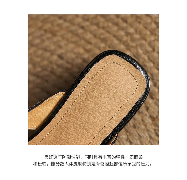 Real shot of closed-toe slippers, hand-scratched sheepskin retro style patchwork chunky heel closed-toe hollowed-out women's shoes