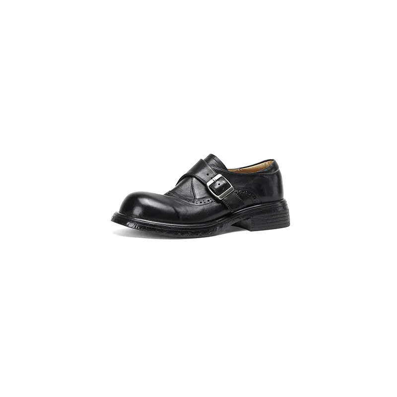 Spring round-toe single shoes, chunky heel, mid-heel, belt buckle, washed cowhide women's shoes, 12-17R