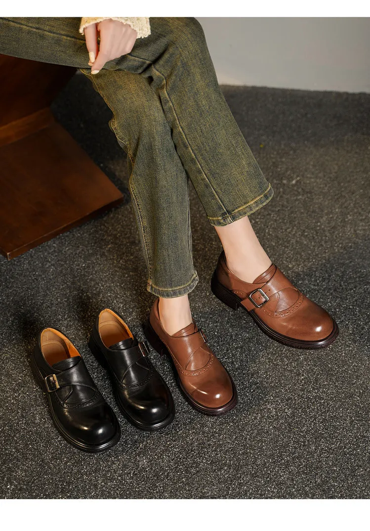 Spring round-toe single shoes, chunky heel, mid-heel, belt buckle, washed cowhide women's shoes, 12-17R