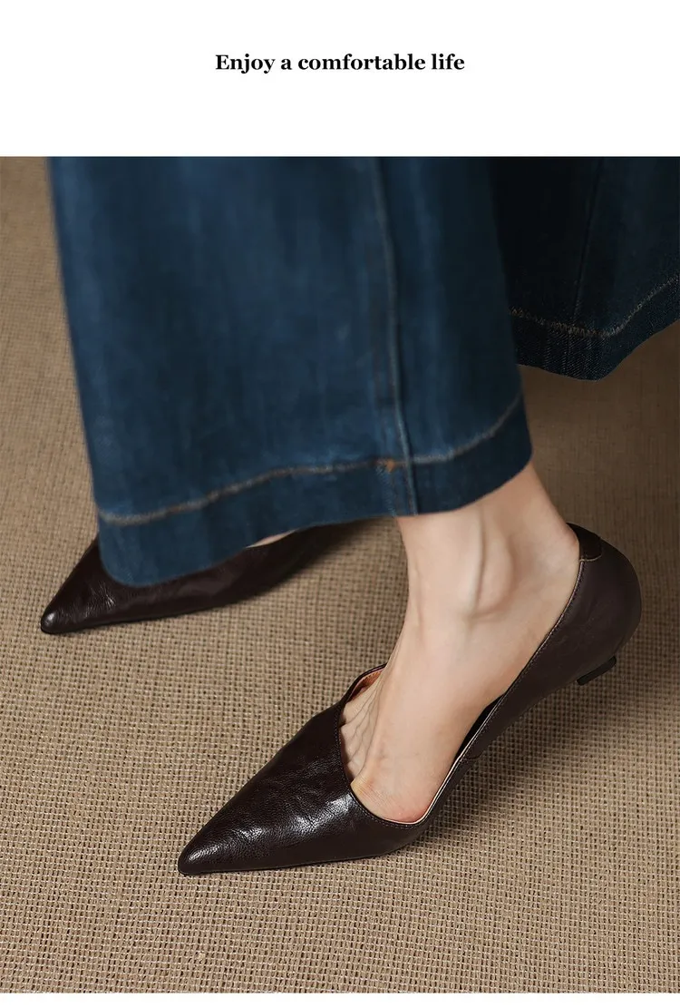 Spring and Autumn French-style sheepskin mid-high stiletto heels for women, elegant, versatile, suitable for commuting, fashionable pointed toe low-cut shoes.