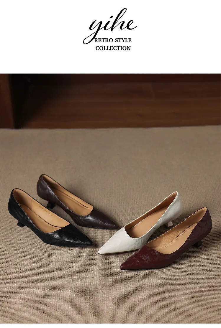 Spring and Autumn French-style sheepskin mid-high stiletto heels for women, elegant, versatile, suitable for commuting, fashionable pointed toe low-cut shoes.