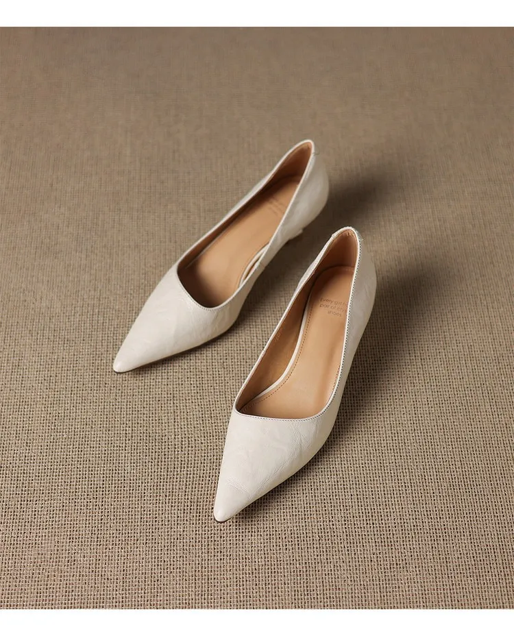 Spring and Autumn French-style sheepskin mid-high stiletto heels for women, elegant, versatile, suitable for commuting, fashionable pointed toe low-cut shoes.