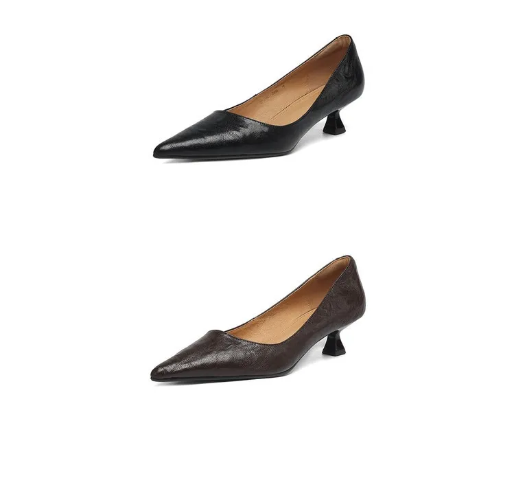 Spring and Autumn French-style sheepskin mid-high stiletto heels for women, elegant, versatile, suitable for commuting, fashionable pointed toe low-cut shoes.