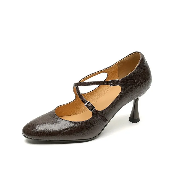 Spring single shoes, round toe, cross buckle, stiletto heel, sheepskin fashion women's shoes, 12-15i