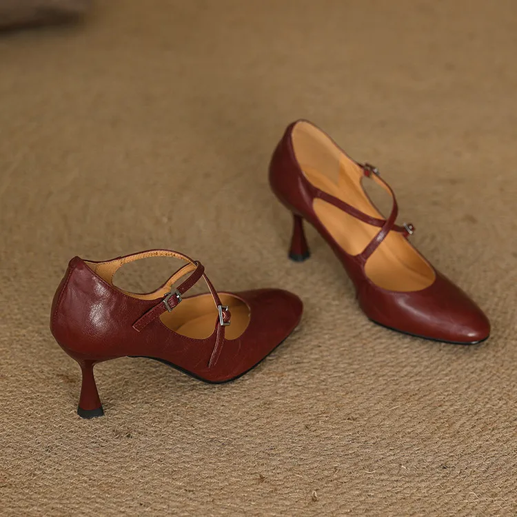 Spring single shoes, round toe, cross buckle, stiletto heel, sheepskin fashion women's shoes, 12-15i