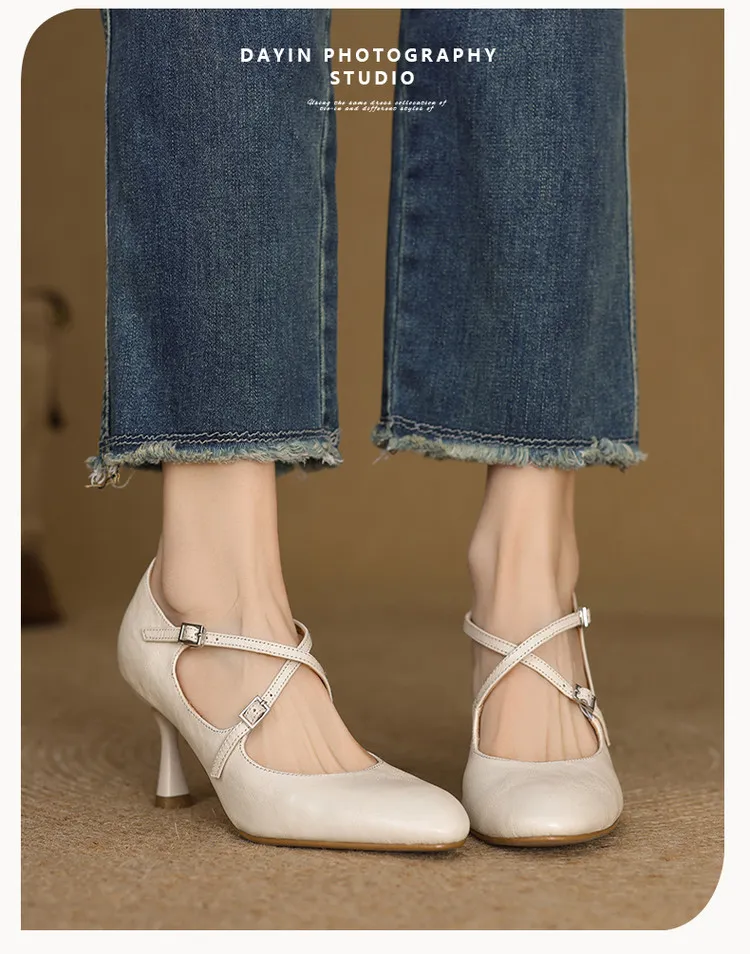 Spring single shoes, round toe, cross buckle, stiletto heel, sheepskin fashion women's shoes, 12-15i