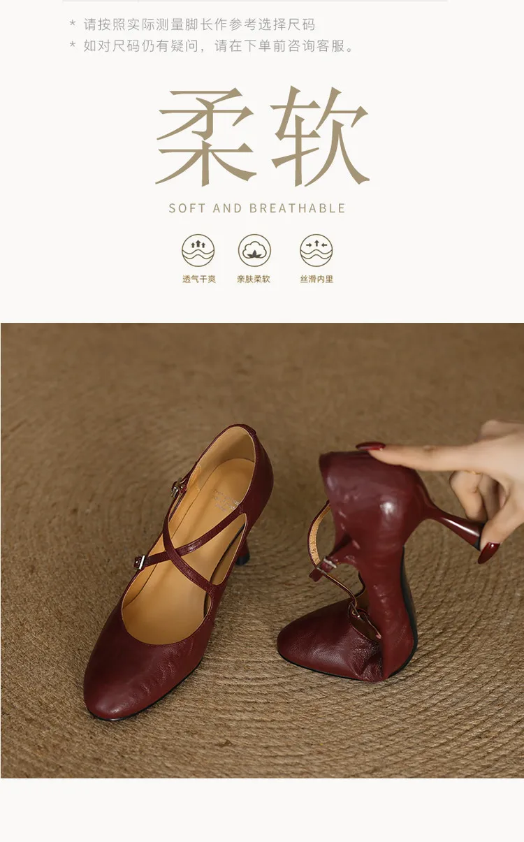 Spring single shoes, round toe, cross buckle, stiletto heel, sheepskin fashion women's shoes, 12-15i