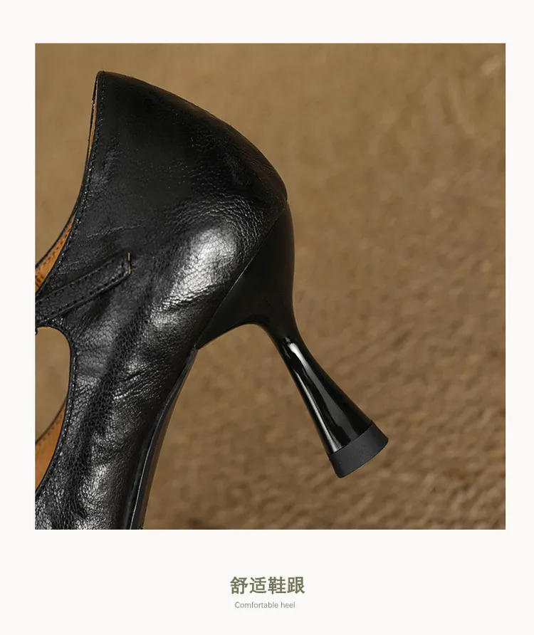 Spring single shoes, round toe, cross buckle, stiletto heel, sheepskin fashion women's shoes, 12-15i