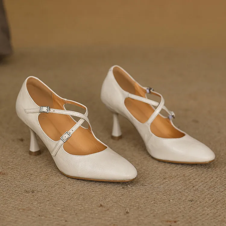 Spring single shoes, round toe, cross buckle, stiletto heel, sheepskin fashion women's shoes, 12-15i