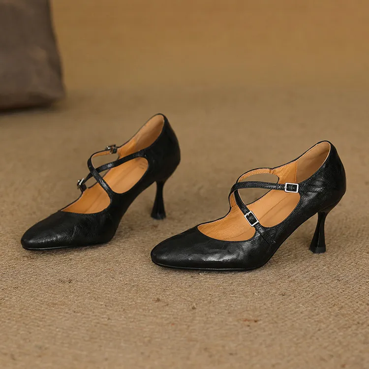 Spring single shoes, round toe, cross buckle, stiletto heel, sheepskin fashion women's shoes, 12-15i
