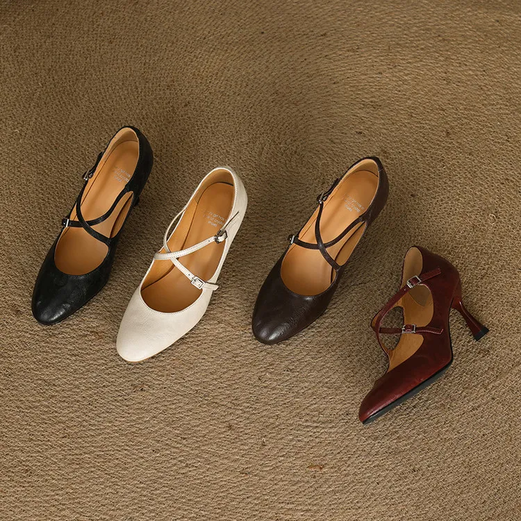 Spring single shoes, round toe, cross buckle, stiletto heel, sheepskin fashion women's shoes, 12-15i
