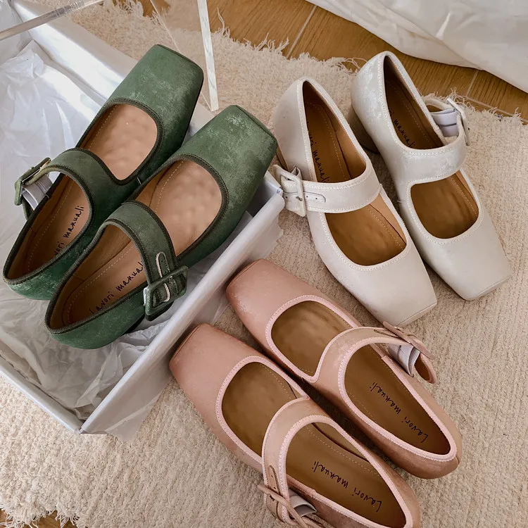 Square-toe chunky heel high-heeled sheepskin fashion shoes, women's shoes, pink, white, green, 12-1