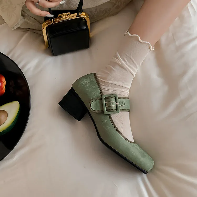 Square-toe chunky heel high-heeled sheepskin fashion shoes, women's shoes, pink, white, green, 12-1