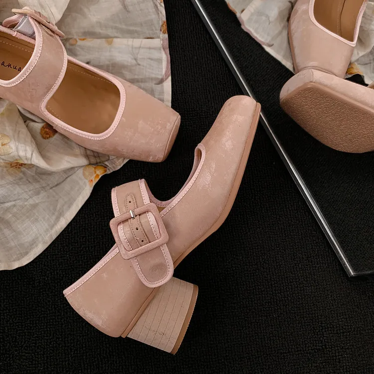 Square-toe chunky heel high-heeled sheepskin fashion shoes, women's shoes, pink, white, green, 12-1