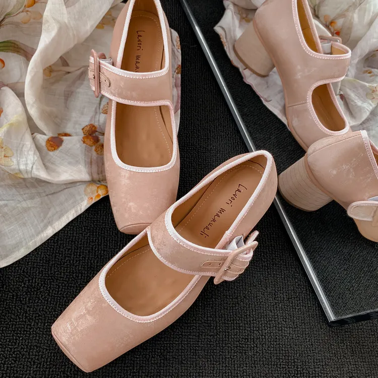 Square-toe chunky heel high-heeled sheepskin fashion shoes, women's shoes, pink, white, green, 12-1