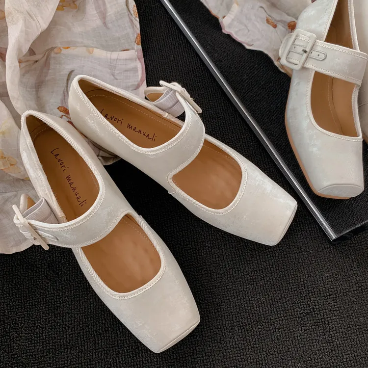 Square-toe chunky heel high-heeled sheepskin fashion shoes, women's shoes, pink, white, green, 12-1