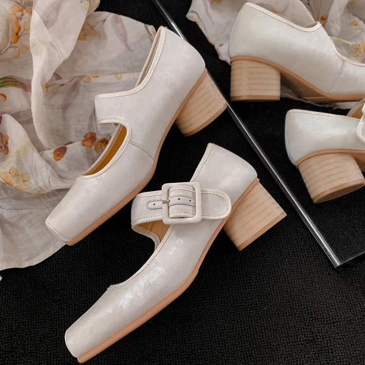 Square-toe chunky heel high-heeled sheepskin fashion shoes, women's shoes, pink, white, green, 12-1