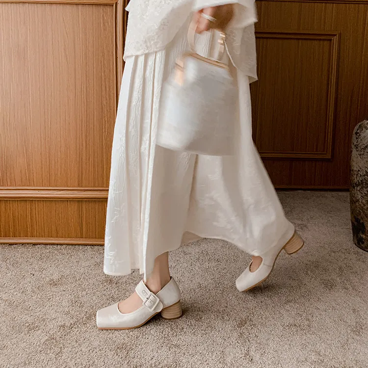 Square-toe chunky heel high-heeled sheepskin fashion shoes, women's shoes, pink, white, green, 12-1