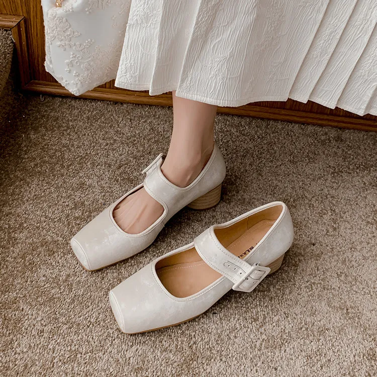 Square-toe chunky heel high-heeled sheepskin fashion shoes, women's shoes, pink, white, green, 12-1