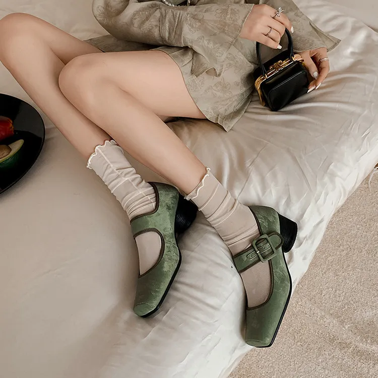 Square-toe chunky heel high-heeled sheepskin fashion shoes, women's shoes, pink, white, green, 12-1