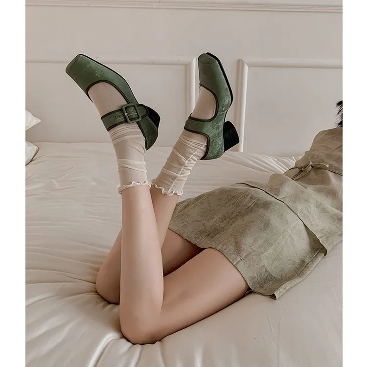 Square-toe chunky heel high-heeled sheepskin fashion shoes, women's shoes, pink, white, green, 12-1