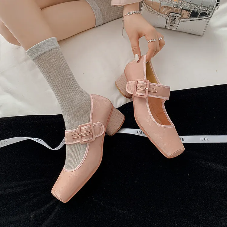 Square-toe chunky heel high-heeled sheepskin fashion shoes, women's shoes, pink, white, green, 12-1