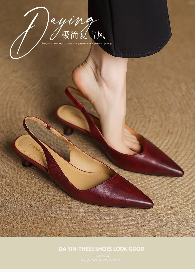 Women's Roman-style French sandals made of top-grain cowhide, pointed toe, open back, Mary Jane style, single strap, small heel, closed toe.