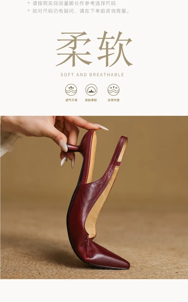 Women's Roman-style French sandals made of top-grain cowhide, pointed toe, open back, Mary Jane style, single strap, small heel, closed toe.