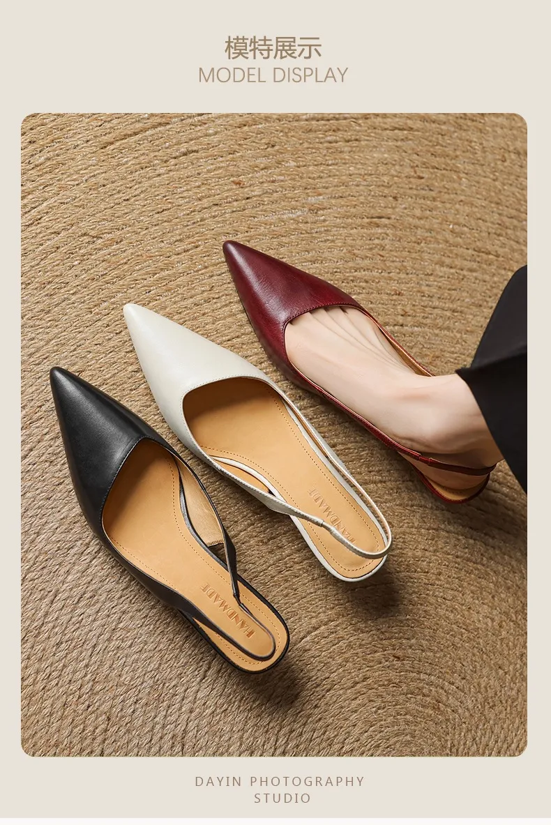 Women's Roman-style French sandals made of top-grain cowhide, pointed toe, open back, Mary Jane style, single strap, small heel, closed toe.