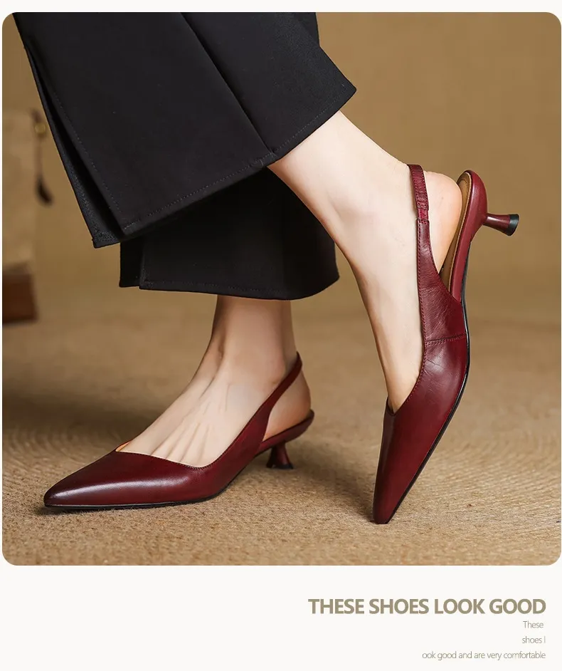 Women's Roman-style French sandals made of top-grain cowhide, pointed toe, open back, Mary Jane style, single strap, small heel, closed toe.