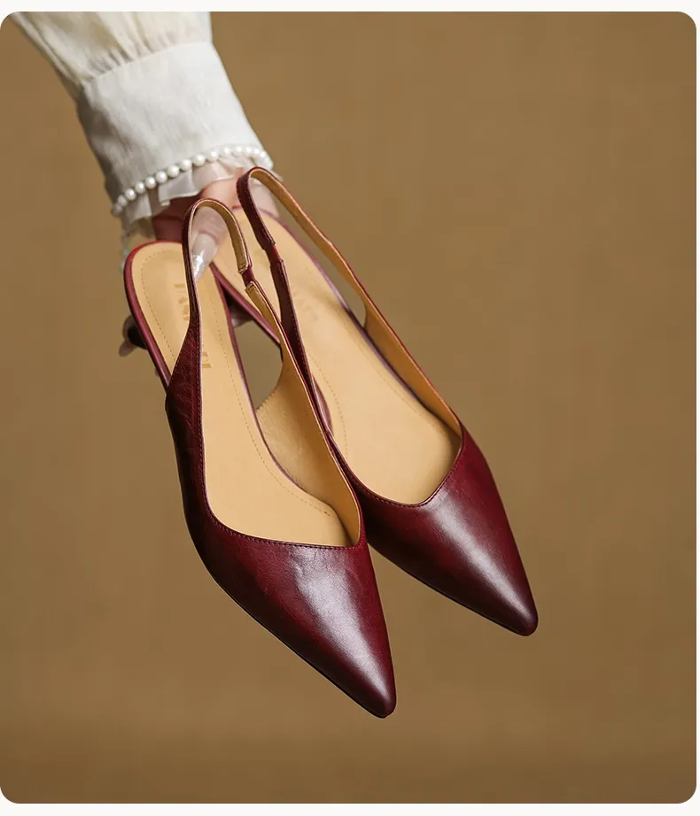 Women's Roman-style French sandals made of top-grain cowhide, pointed toe, open back, Mary Jane style, single strap, small heel, closed toe.