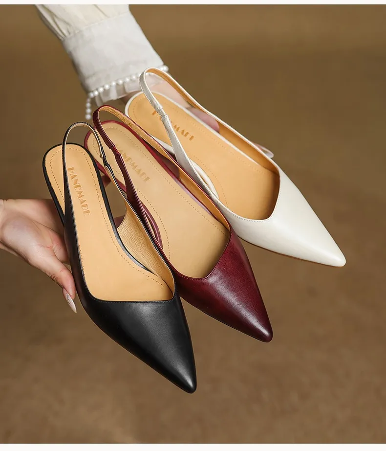 Women's Roman-style French sandals made of top-grain cowhide, pointed toe, open back, Mary Jane style, single strap, small heel, closed toe.