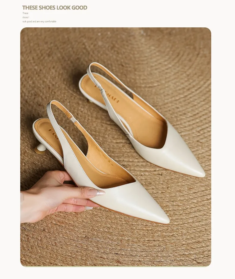 Women's Roman-style French sandals made of top-grain cowhide, pointed toe, open back, Mary Jane style, single strap, small heel, closed toe.
