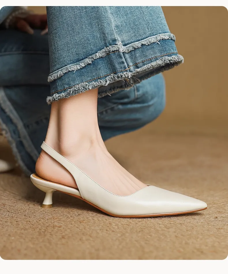 Women's Roman-style French sandals made of top-grain cowhide, pointed toe, open back, Mary Jane style, single strap, small heel, closed toe.