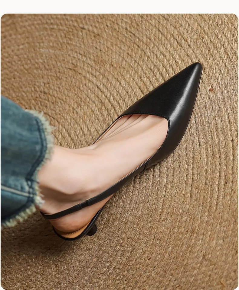 Women's Roman-style French sandals made of top-grain cowhide, pointed toe, open back, Mary Jane style, single strap, small heel, closed toe.