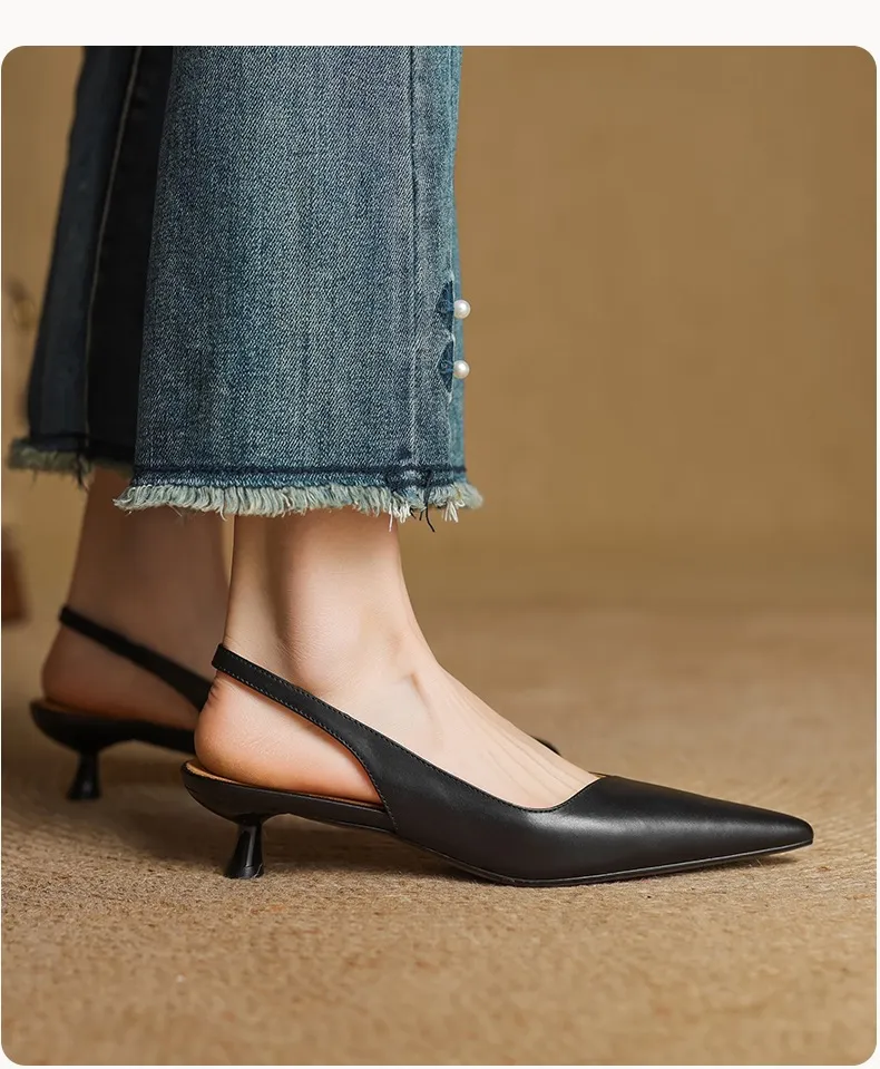 Women's Roman-style French sandals made of top-grain cowhide, pointed toe, open back, Mary Jane style, single strap, small heel, closed toe.