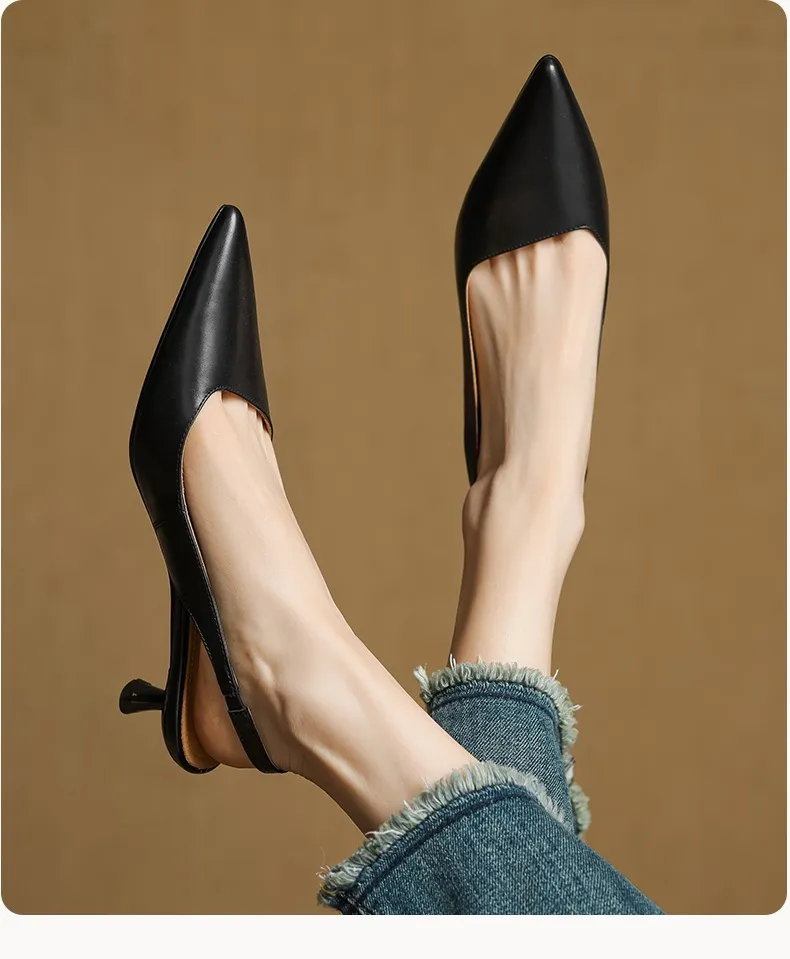 Women's Roman-style French sandals made of top-grain cowhide, pointed toe, open back, Mary Jane style, single strap, small heel, closed toe.