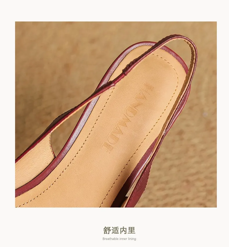 Women's Roman-style French sandals made of top-grain cowhide, pointed toe, open back, Mary Jane style, single strap, small heel, closed toe.